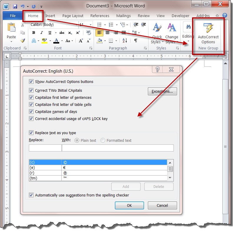 how to add autocorrect in word