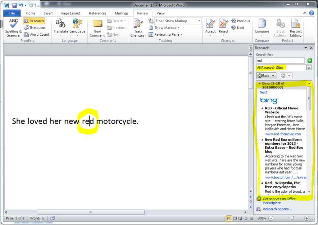 research task pane in word