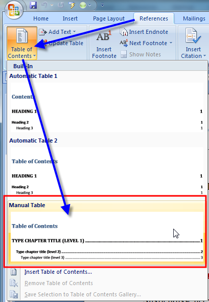 manual table of contents word ....