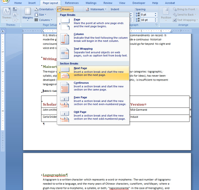 change layout of one page in word